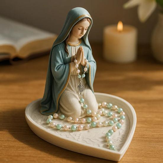 Virgin Mary Rosary Holder Resin Prayer Our Lady Jewelry Holder Spiritual Religious Gift Catholic Devotional Tabletop Jewelry Tray