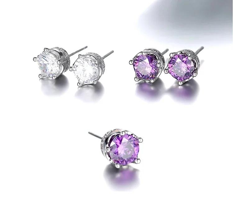 Korean fashion 925 Sterling Silver Purple Amethyst Stud Earrings for Women luxury Real Crown Crystal Wedding Party Jewelry Gifts