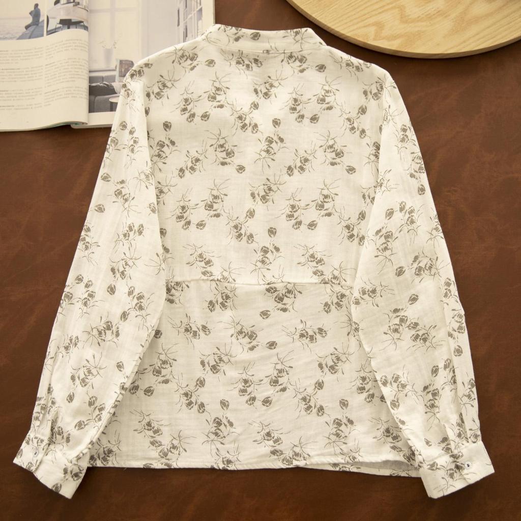 Chemise en Coton et Lin à Manches Longues et Décolleté en V Florale Gorge d'Hiver – Style Printanier Élégant pour Femme