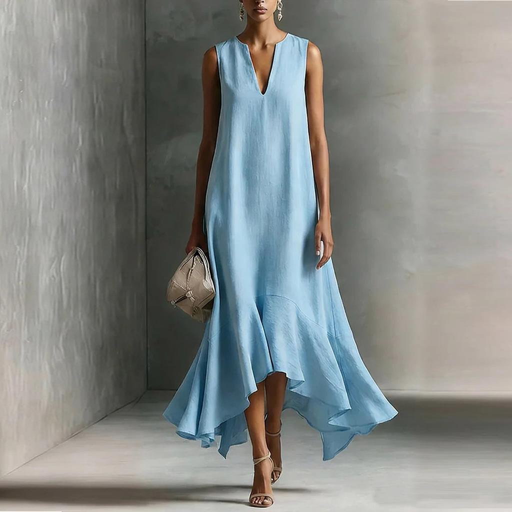 Sleeveless V Neck High Low Hem Maxi Dress for Women Loose Fit Flowy Lightweight Fabric Elegant Style