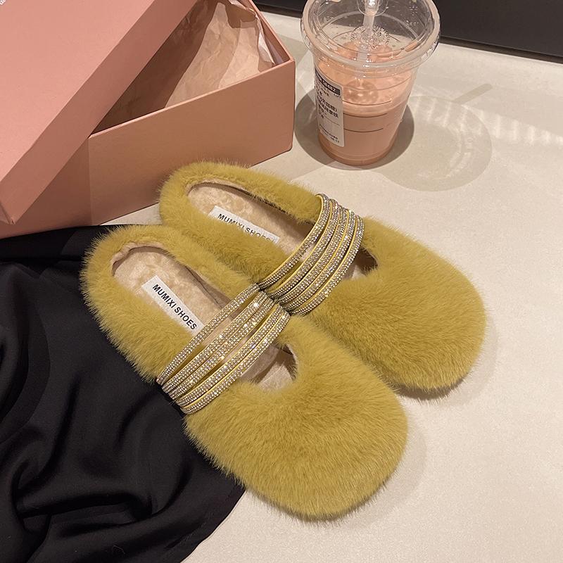 Aphixta Flache mit Fellpantoffeln für Damen Kristallband Slipper Damen Pantoletten Koreanischer Stil Luxusmarkenschuhe Designer