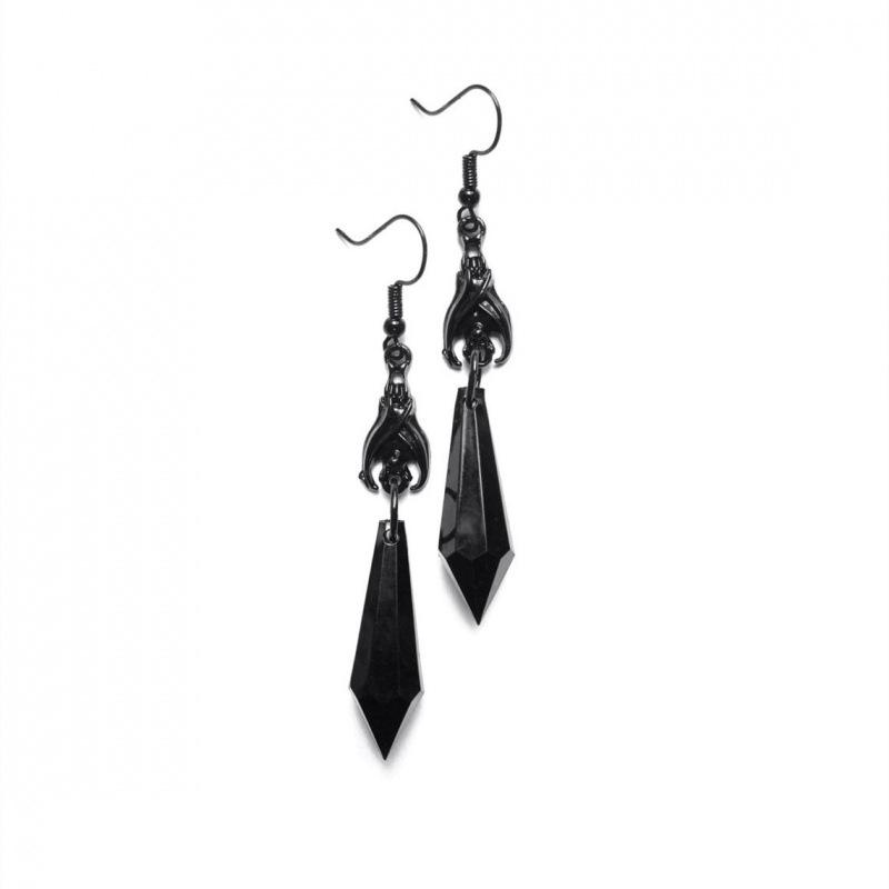 Gothic Black Bat Earrings with Red Teardrop