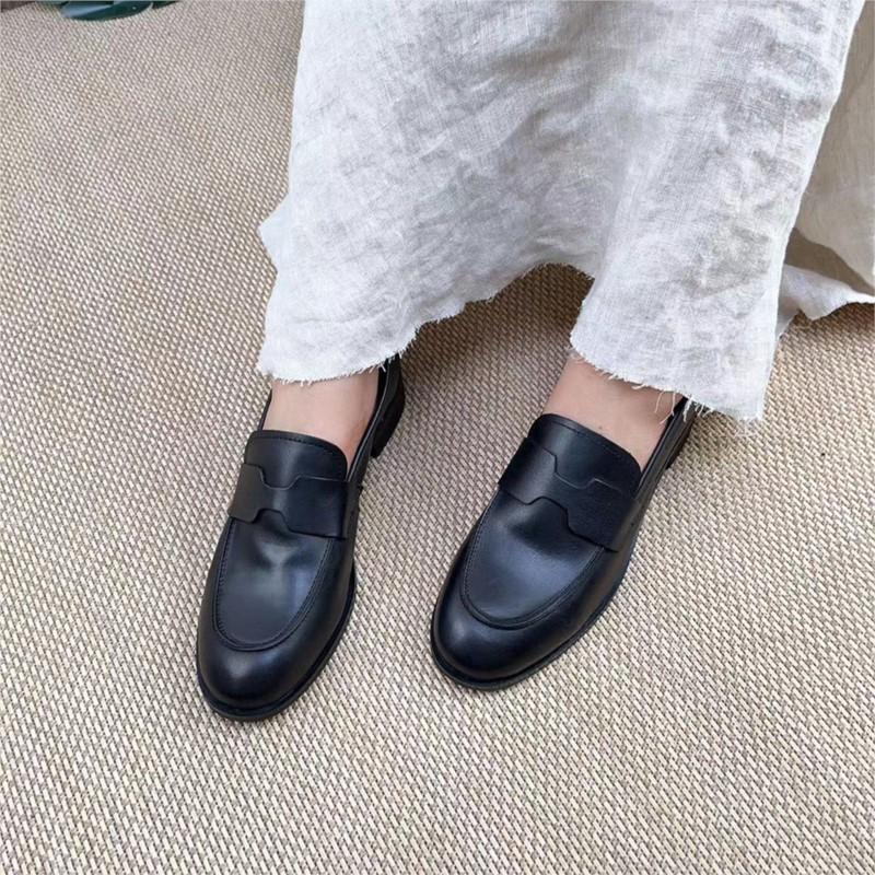 Johnature Retro Echtes Leder Niedrigen Absatz Pumps Frauen Schuhe Runde Zehe Flache Volltonfarbe Bequeme Halbschuhe