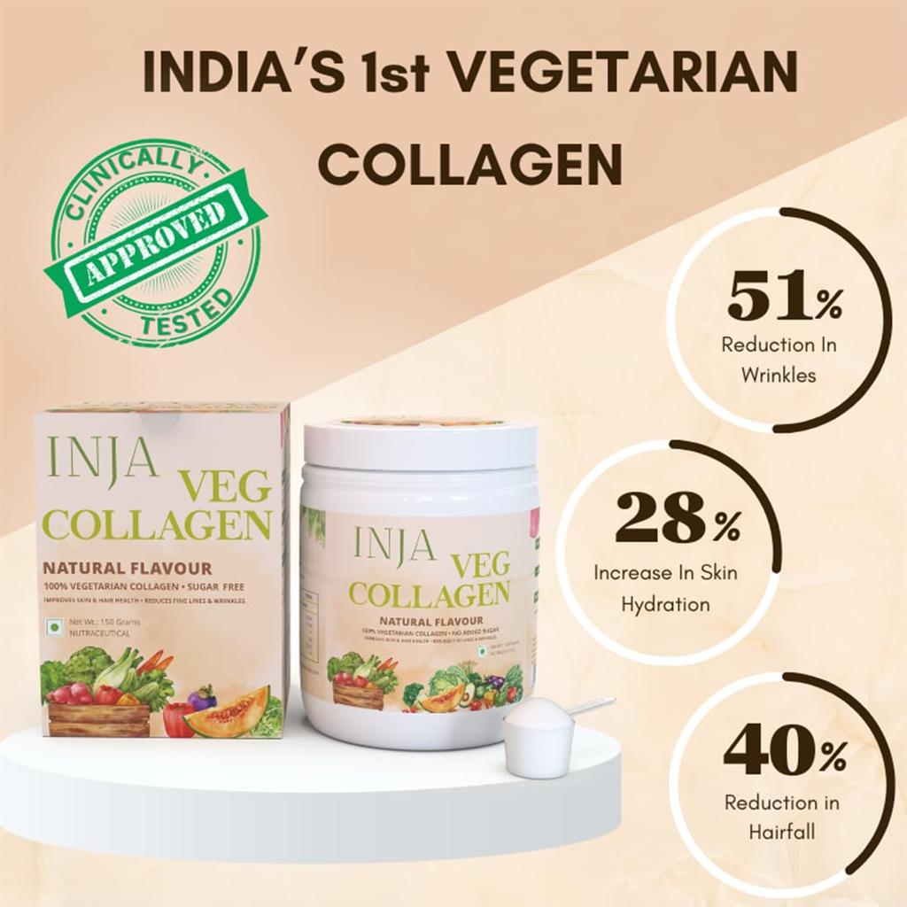 INJA Wellness Veg Collagen Supplement Powder for Women, Men, 100% Vegetarian, No Added Sugar, Improves Skin and Hair Health, Natural Flavour, 150g