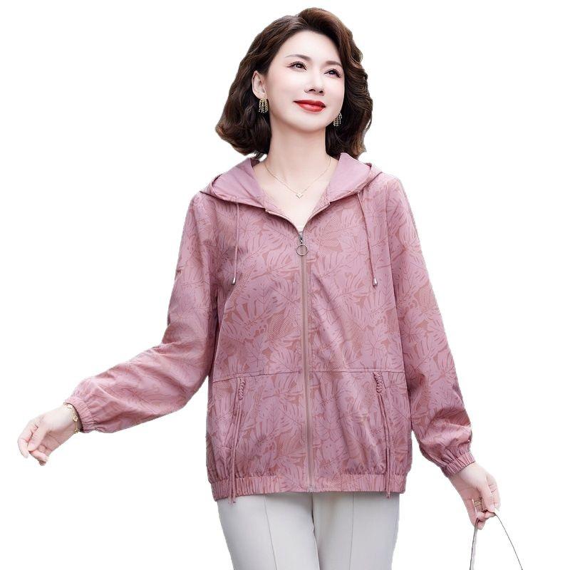 Women's Sun Protection Printed Hooded Jacket - Breathable, Loose-Fit for Middle-Aged and Elderly