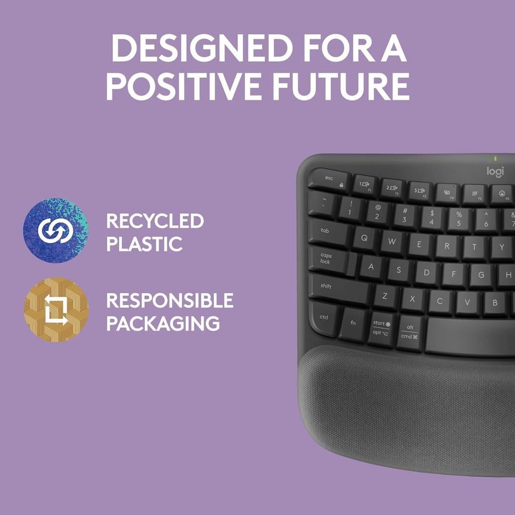 Logitech WAVE KEYS ergonomic keyboard, wireless Bluetooth dual-mode with built-in palm rest, comfortable office multi device connection