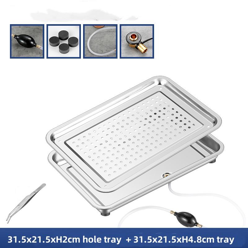 Stainless Steel Rectangle Dinner Tea Tray Double 2 Layer Dumpling Oil Leaking Hole Basin Steaming Draining Hole Plate with Basin