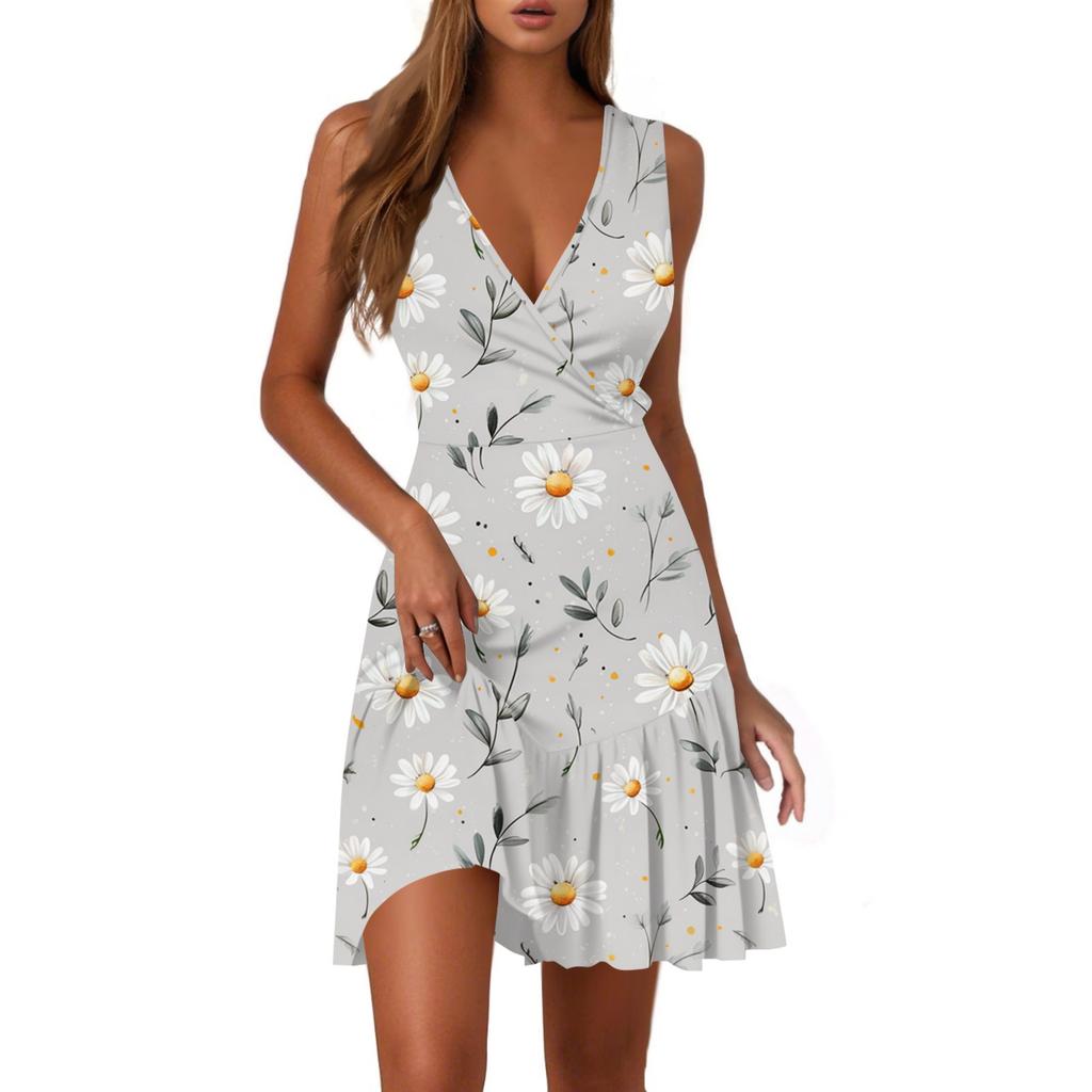 Ladies Casual Fashion V-Neck Sleeveless  Print Dress