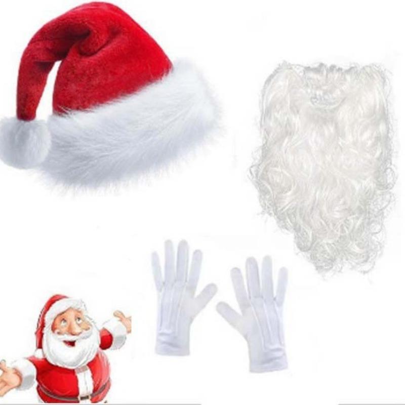 6pcs/set  Red Flannel Santa Hat Costume Set with White Beard Glasses Gloves Christmas Party Outfit Xmas Decoration Gift