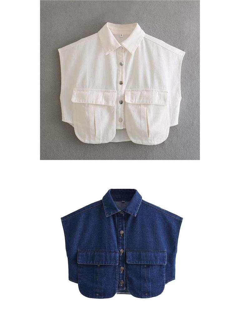 Women's Sleeveless Cardigan: Plain Color, Large Pockets, Polo Collar, Denim Top, High-Quality Feel