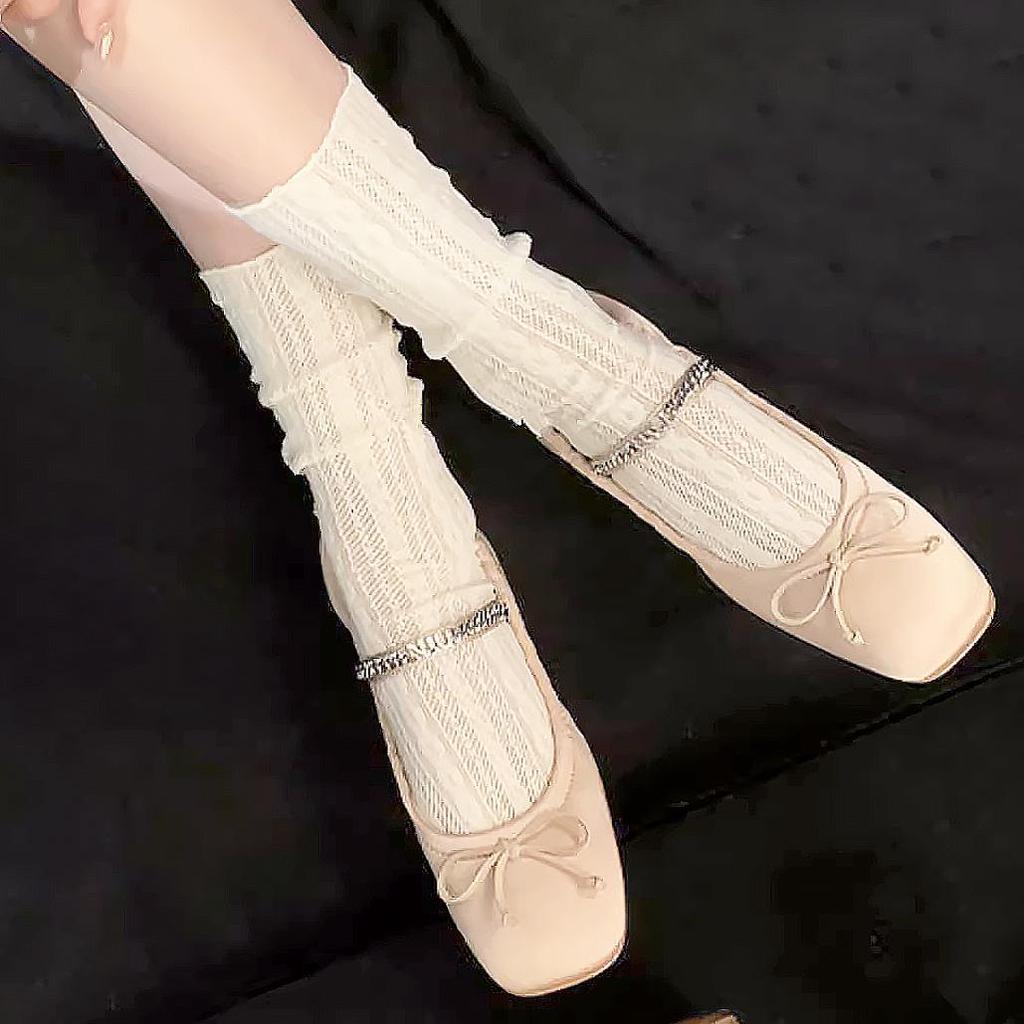 Elegant White Cable Knit Mid-Calf Socks: Women's Ballet Style Lace Mesh Leg Warmers