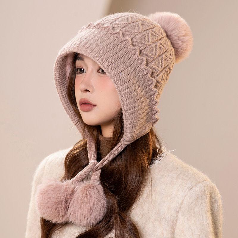 

Шапка женская зимняя вязаная шапка модная флисовая утолщенная теплая корейская версия велосипедная защита ушей холодная шерстяная шапка ONE SIZE розовый