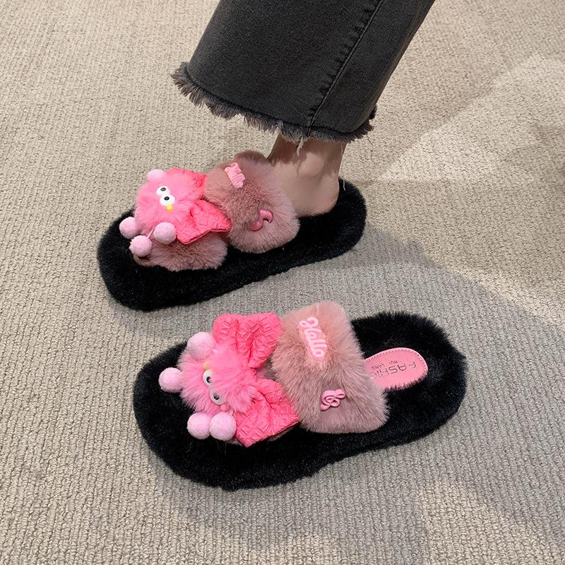 Cotton slippers women's new winter girl home thick bottom non-slip warm soft bottom plush couple foreign style fluffy slippers