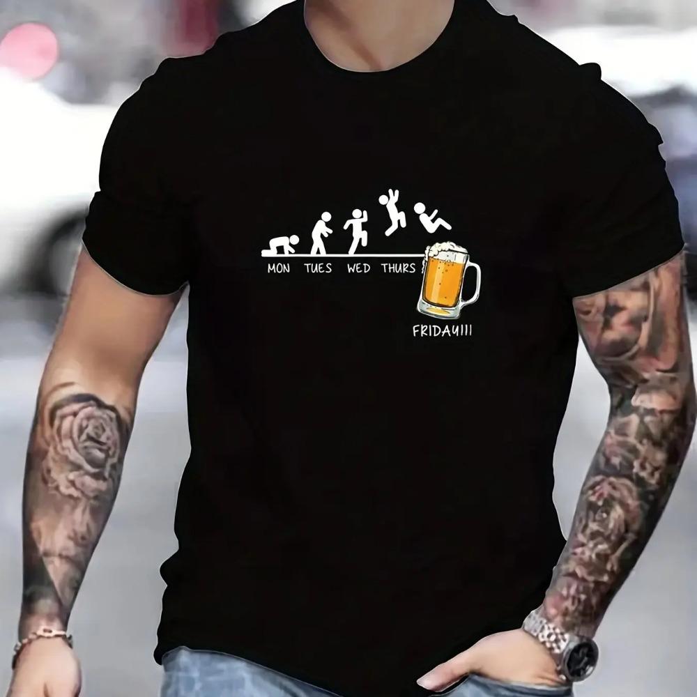 Summer men's 100% cotton casual loose size Jumping In Beer print round neck short sleeved T-shirt top