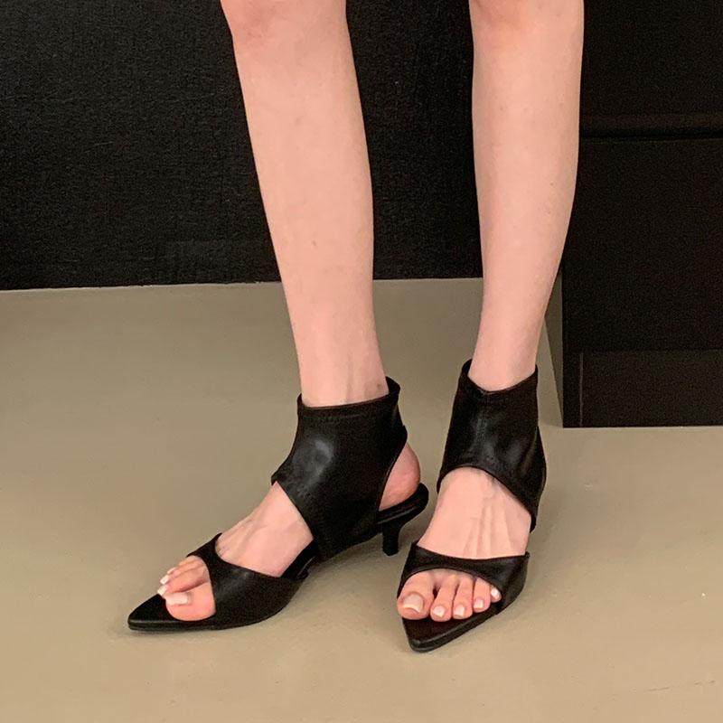 Fashion Open Toe Footwear Low Heel Modern Women Ankle Booties Shoes Fashion Stretch Female Heeled Sandals Boots Shoes For Ladies Black
