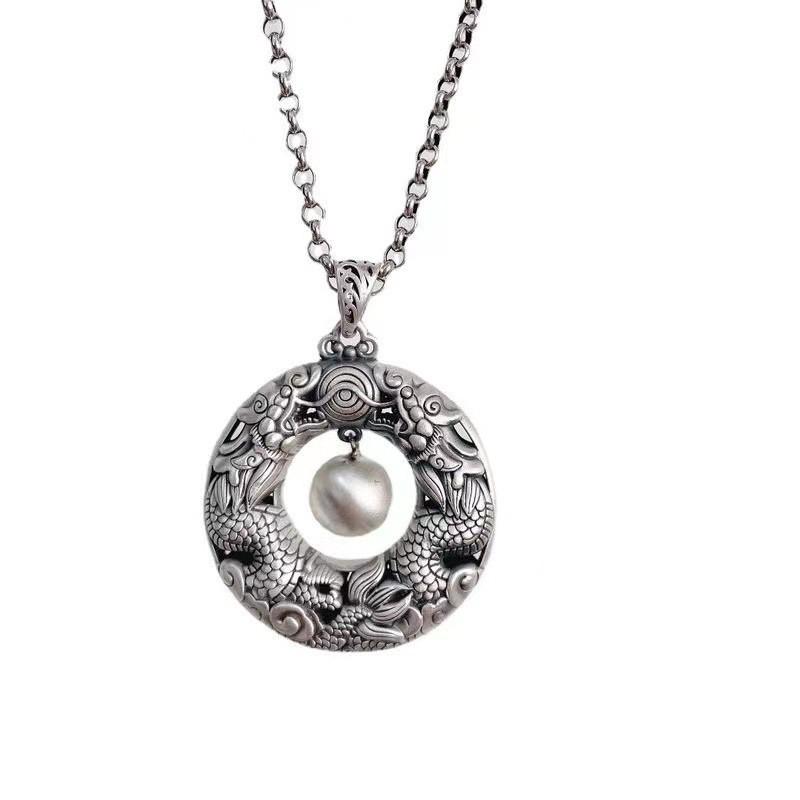 Vintage Double Dragon Pearl Pendant Necklace Women Men Long Chain With Copper Charm Retro Ethnic Style Jewelry