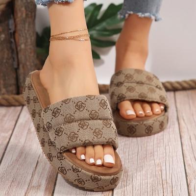 Mode Été Nouvelles Pantoufles Plates à Bout Rond Antidérapantes pour Femmes Femme Kaki à Semelle Épaisse Brodées Féminines Zapatos De Mujer