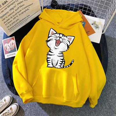 Funny Happy Cat Print Casual Pocket Hoodies Autunm Winter Women's Hooded Clothes Kawaii Graphic Sweatshirts