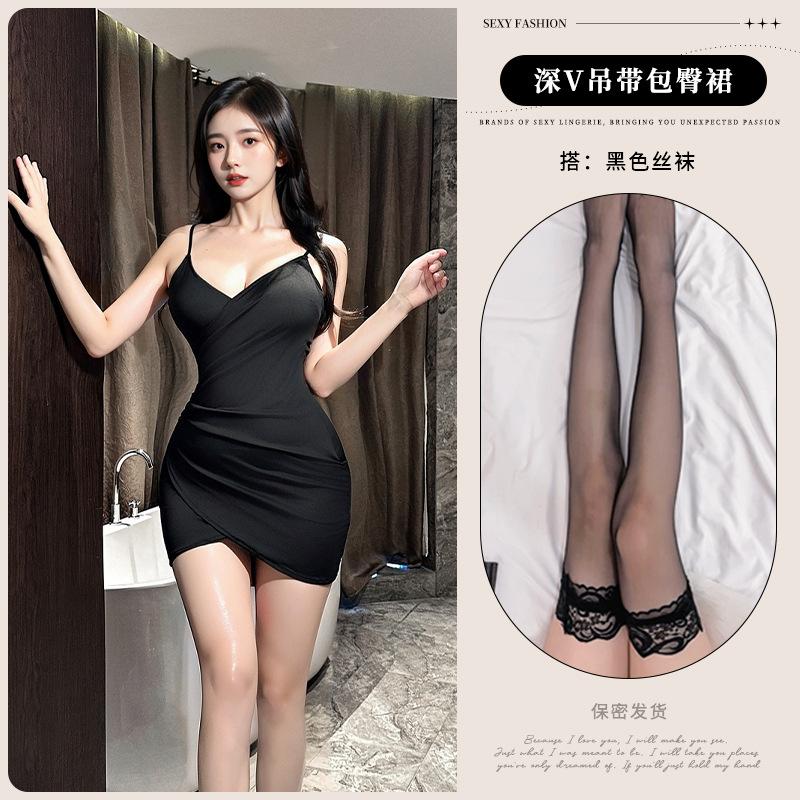 Low chest deep V neck waist thin hip skirt sexy suspender dress women