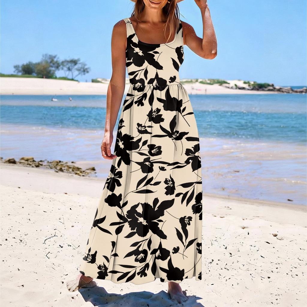 Ladies' floral print summer casual and fashionable sleeveless long dress