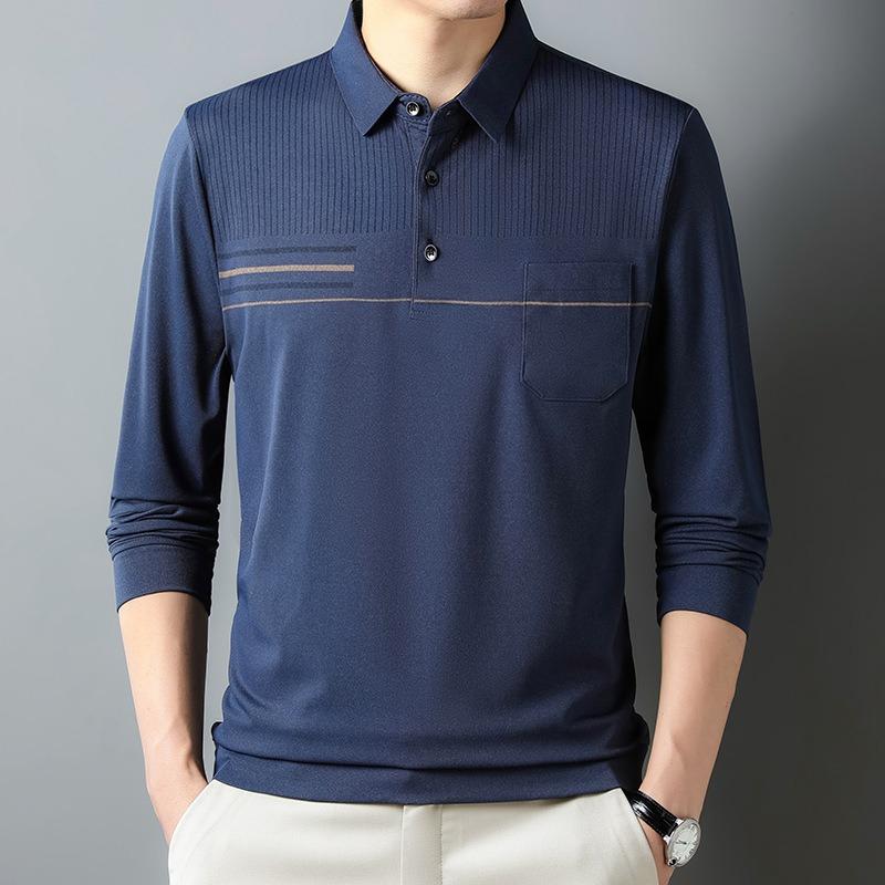 Men Long Sleeve Thin Turn Down Collar Striped Casual Pocket Polo Shirt For Middle Aged Men