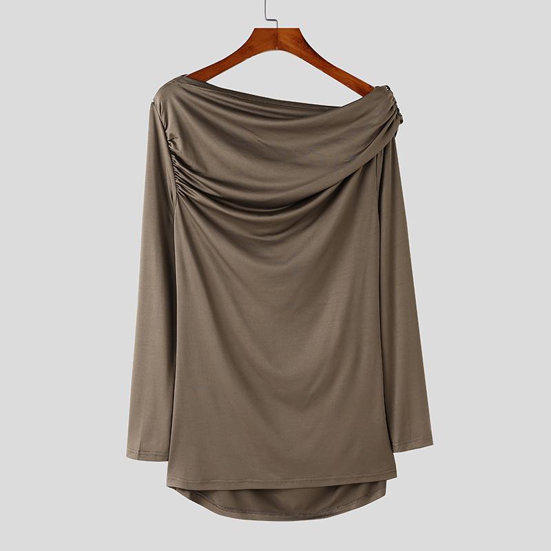 

INCERUN Мужские топы с открытыми плечами и длинным рукавом, с оборками, нестандартной длины XL коричневый