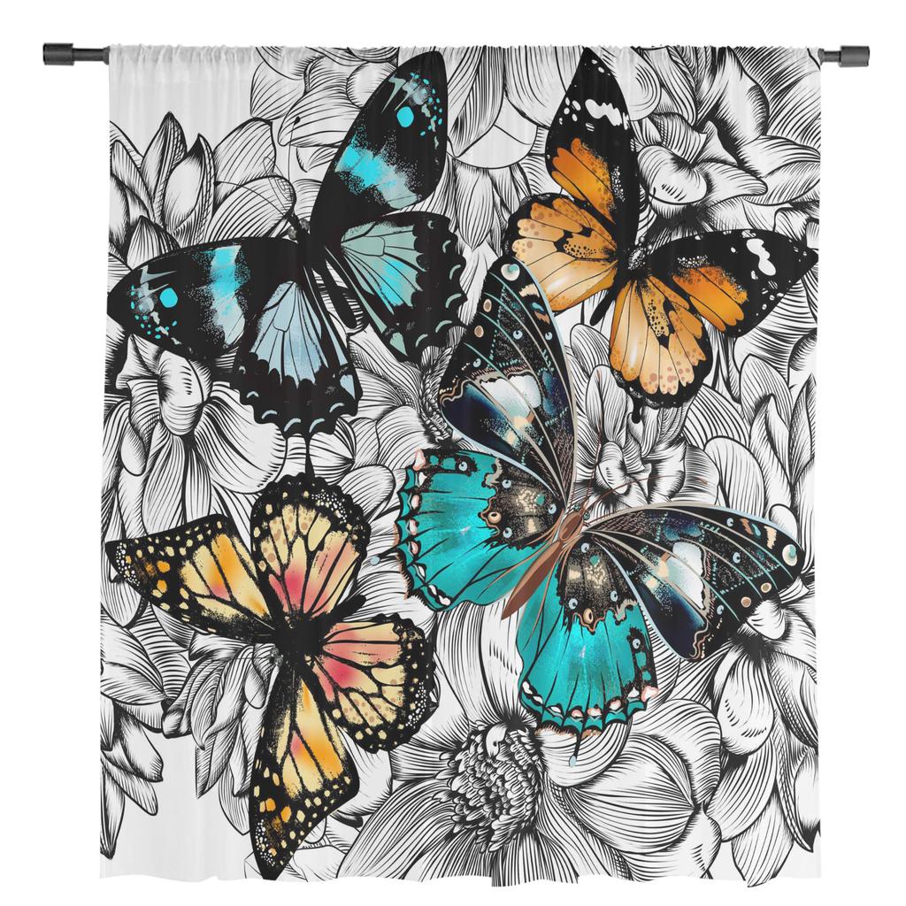 Flower Colorful Butterfly Sheer Curtains for Living Room Decoration Window Curtains for Kitchen Tulle Voile Organza Curtains