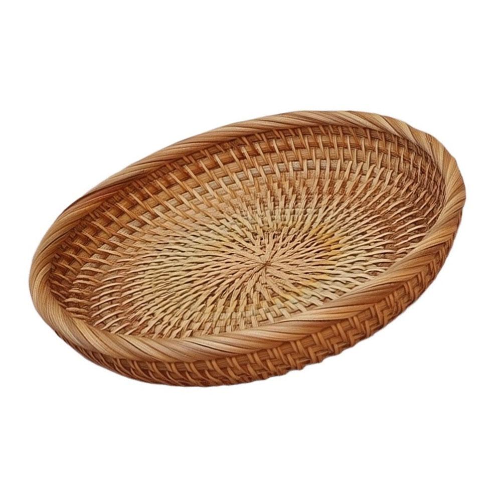 Natural Rattan Fruit Basket Round Shallow Tray for Home Decor Coffee Table Dining Table and Snack Organization