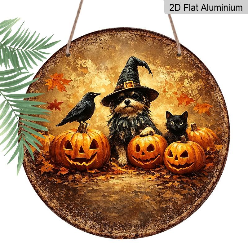 2D Flat 1pc/2pcs, Decorative Plaques and Ornaments Sign, Aluminum Hanging Sign, Black Cat, Crow & Pumpkin Lantern Vintage Print, Autumn Harvest Home