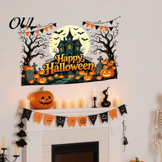 Decorative Glass Door Stickers Happy Halloween Wall Stickers, Moonlit Castle Pumpkin Clings, Waterproof Easy Apply Decals Haunted House for