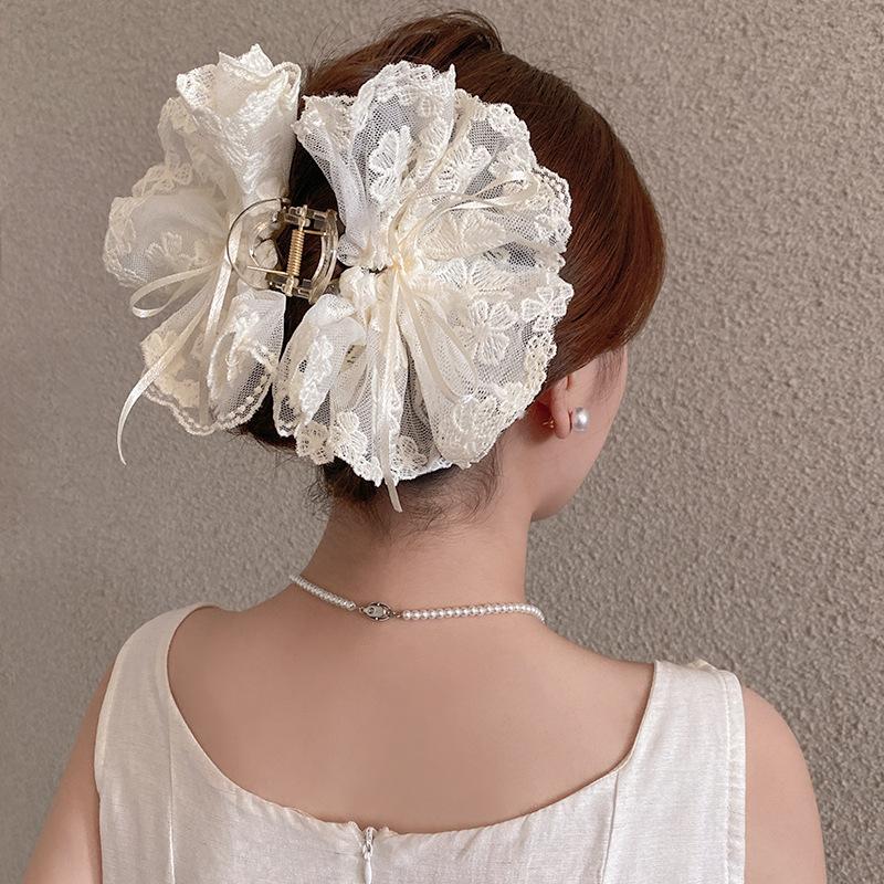 Japan and Korea Super Fairy Bow Ribbon Flower Lace Catch Clip Female Back of Head Ponytail Clip Half Tie Hair Shark Clip Hair Catch