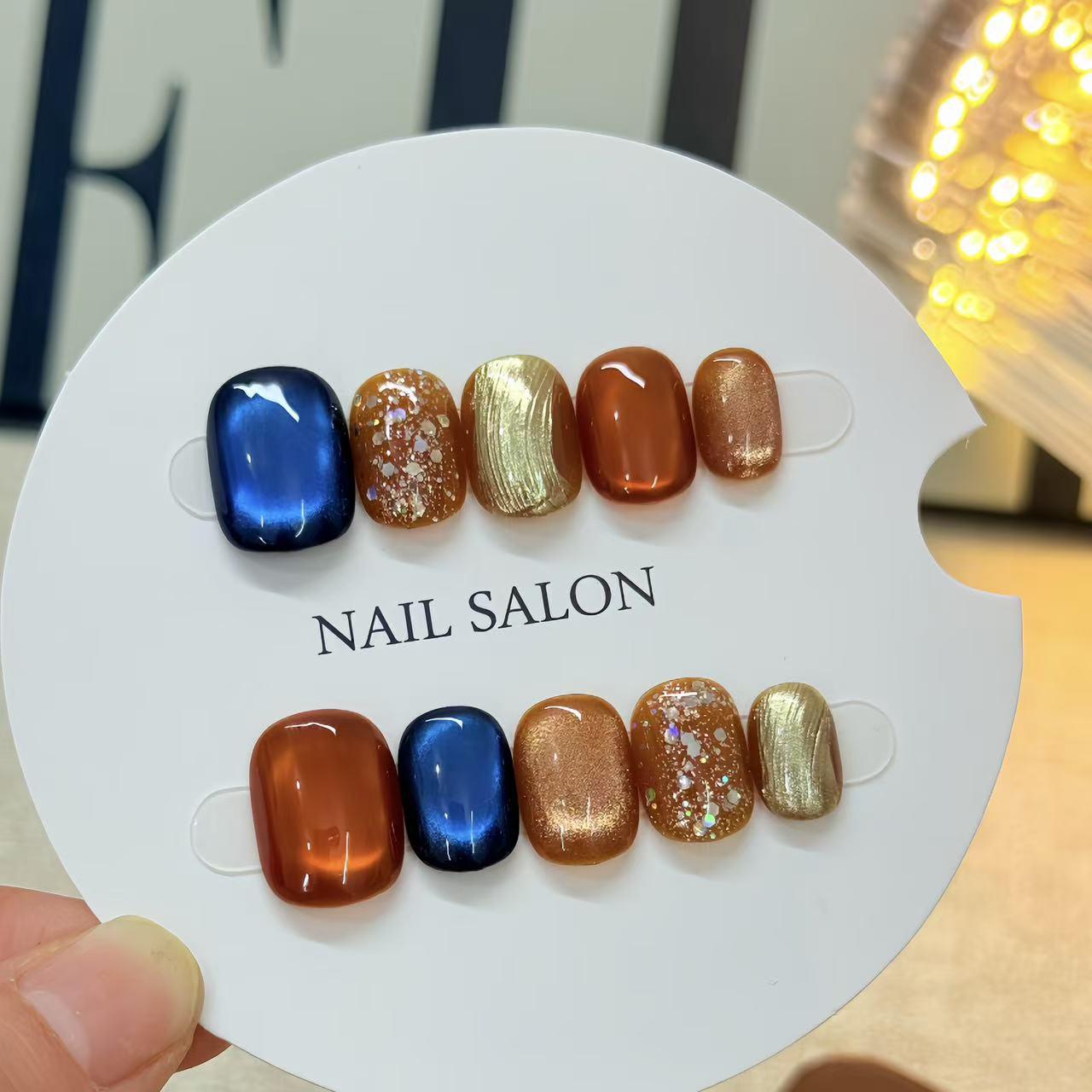 Romantic Winter Blue Cat Eye Press-On Nails – Elegant Golden Flow Design