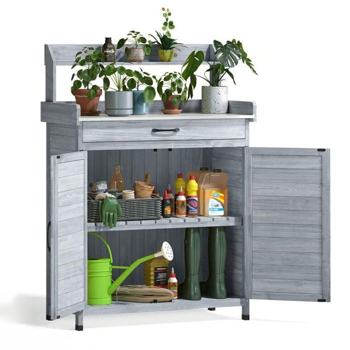 Garden Cabinet with Worktop Divit PG03 Weather-resistant Outdoor Cabinet Grey Wood