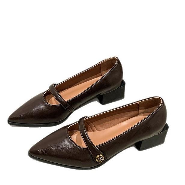 Pointed commuter shallow mouth single shoes women's spring and autumn French retro casual evening thick heel fashion Mary Jane small leather shoes