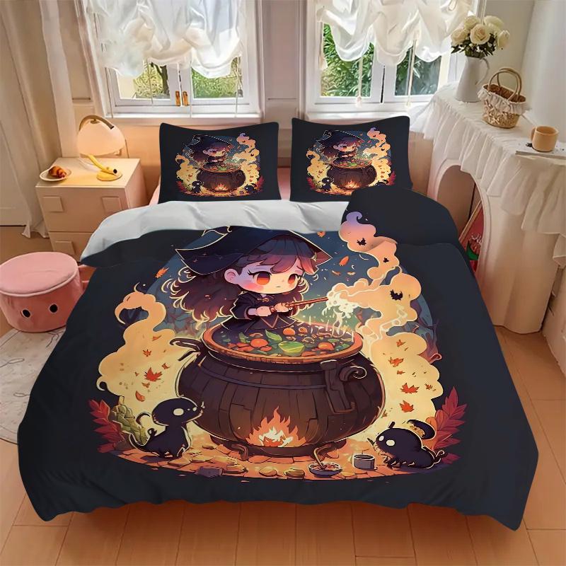 3pcs Witch Picture Design Quilt Cover Set - Soft and Cozy Bedroom, Guest Room and Dorm Decorative Bedding 3-Piece Set 1 Quilt Cover + 2 Pillow Sh
