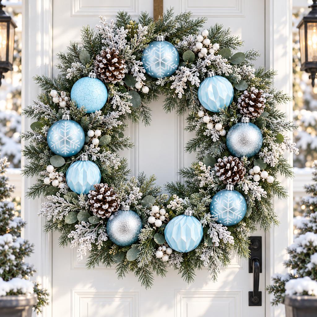 Blue Christmas Ornament Set Snowflake Baubles 6cm Shatterproof Plastic Balls Tree Decor Holiday Hanging Decorations