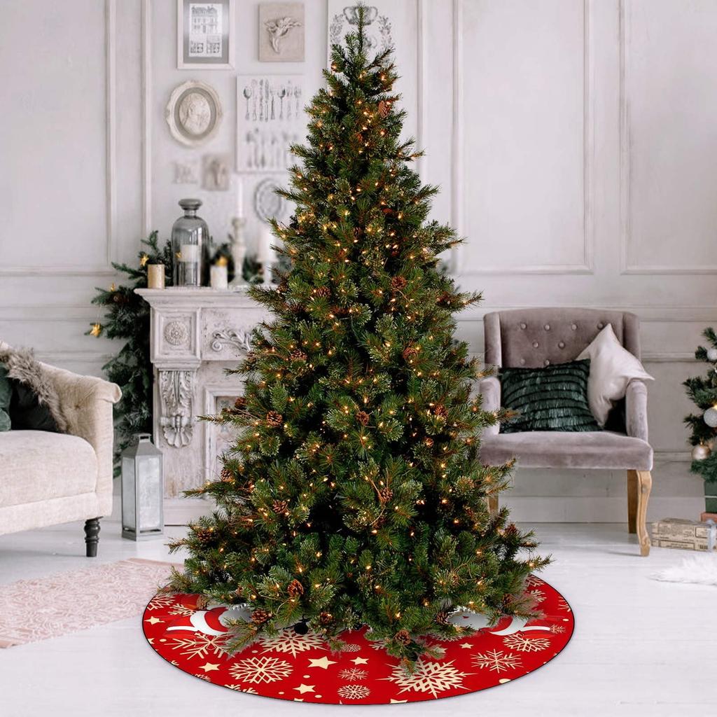 Sukně pod vánoční stromek Červené ozdoby na vánoční stromek, Měkká plyšová podložka pod vánoční stromek se zasněženým vzorem pro dekorace, Sváteční párty 35 palců