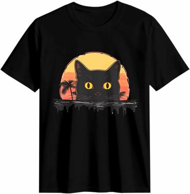 Black Cat Sunset Palm Tree Graphic T-shirt