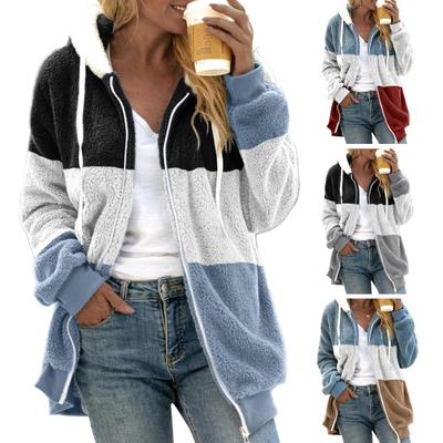 Women Winter Coat Color Matching Hooded Thick Plush Jacket Long Sleeve Drawstring Elastic