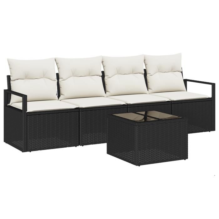 Ensemble de canapé de jardin 5 pièces avec coussins noir en rotin synthétique, Canapé de jardin 2 places avec rangement et 3354916