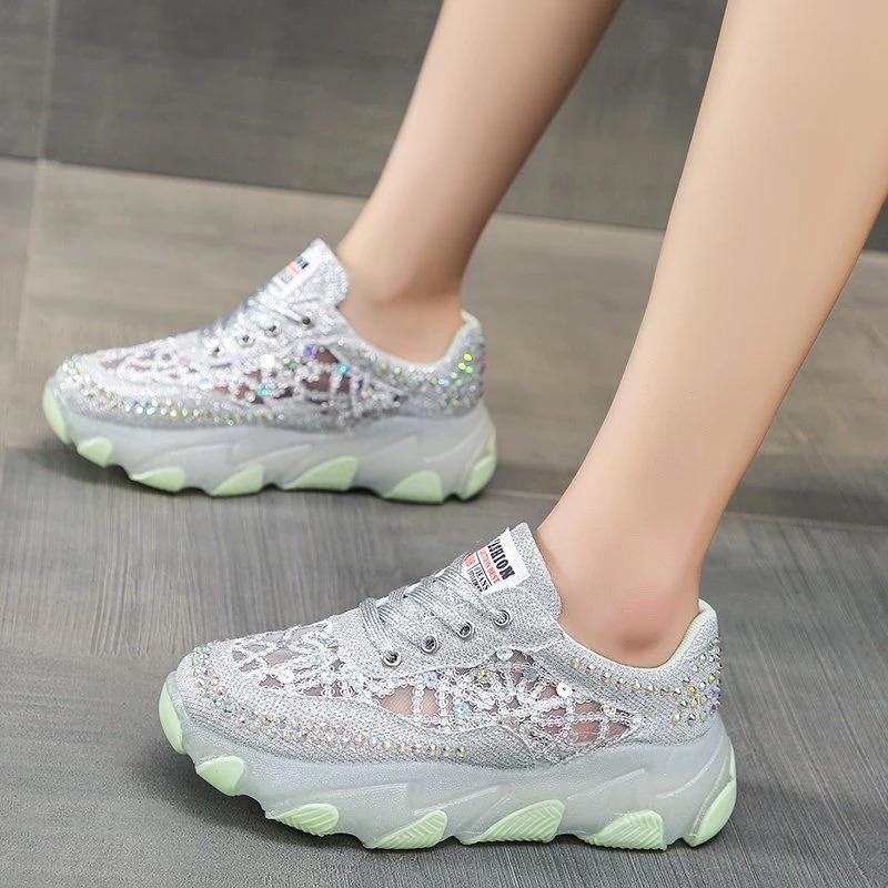 Damen Strass Pailletten Sneaker Schnürschuhe Lässige Dad Schuhe Frühling Atmungsaktiv Dicke Sohle Trainer Zapatilla Deportiva Mujer