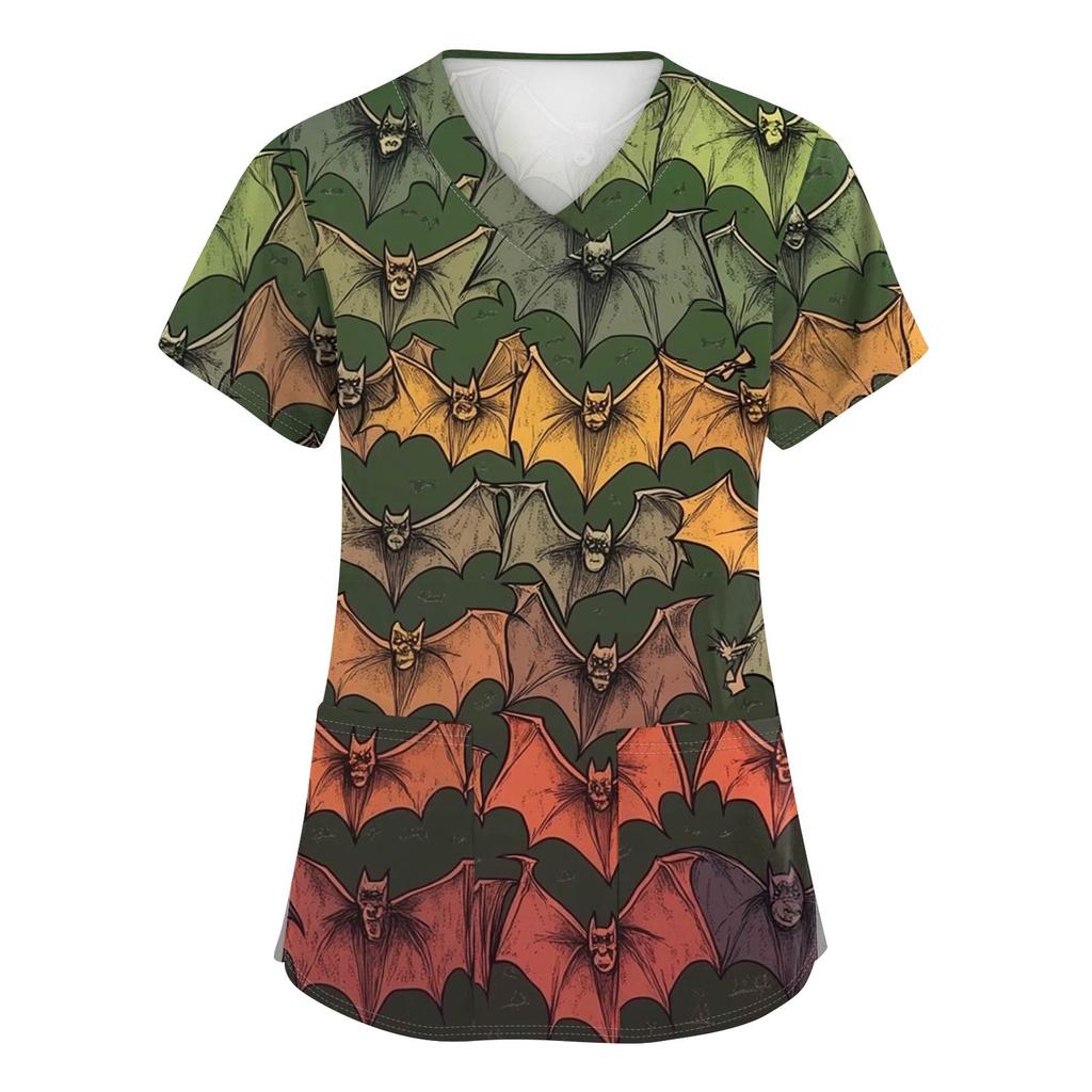 Women's Fashion V-neck Short-sleeved Work Uniform With Pockets, Halloween Print Top