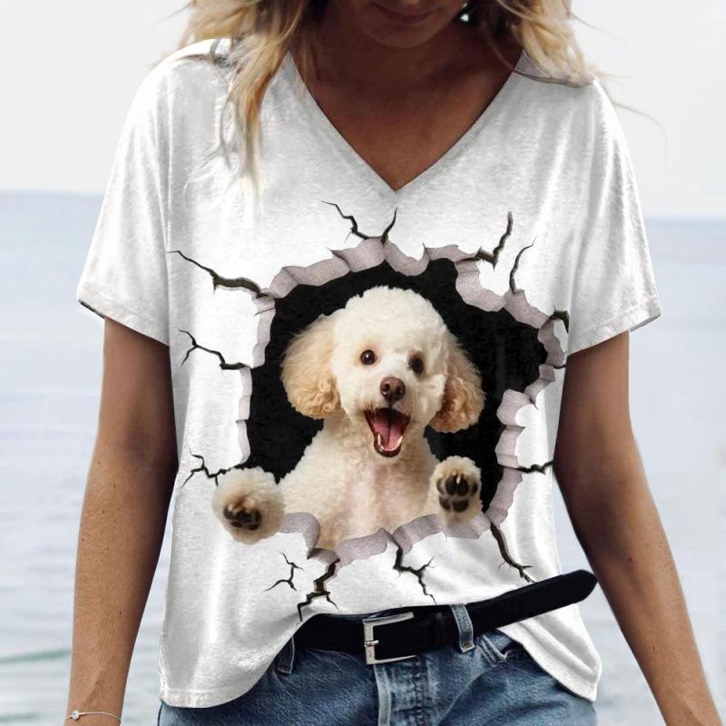 Sommer V-Ausschnitt 3D Tierdruck Top Modische Lässige Kurzarm Damen T-Shirts