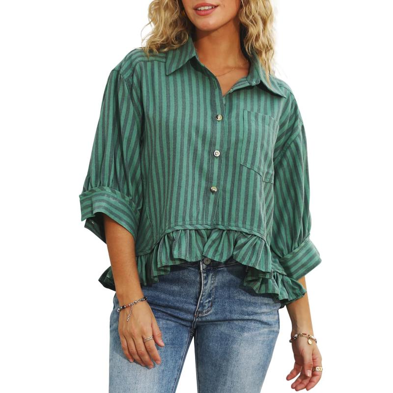 Women's Fashion Commuting Striped Lace Hem Loose Shirt Quarter Sleeve Shirt