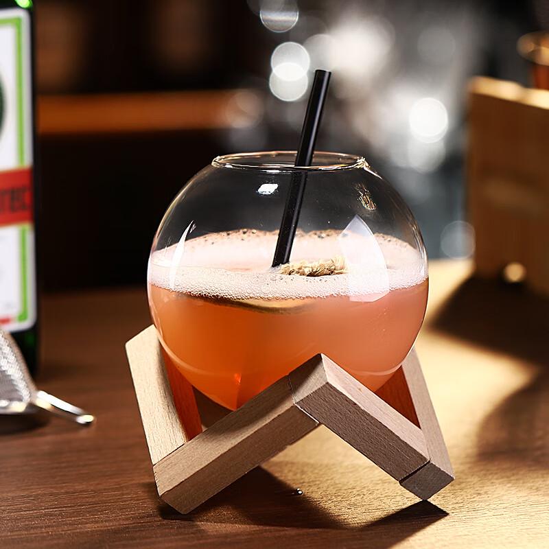 Spherical Cocktail Glasses with Wooden Rack