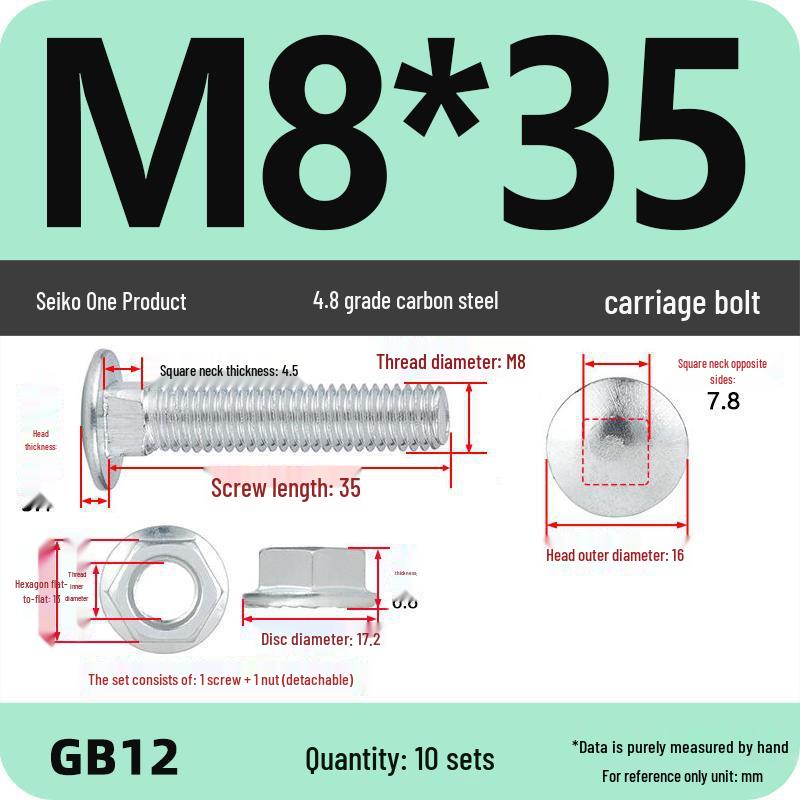 Galvanized Semicircular Head Square Neck Bolt & Nut Set for Cable Tray (Sizes: M4-M12)