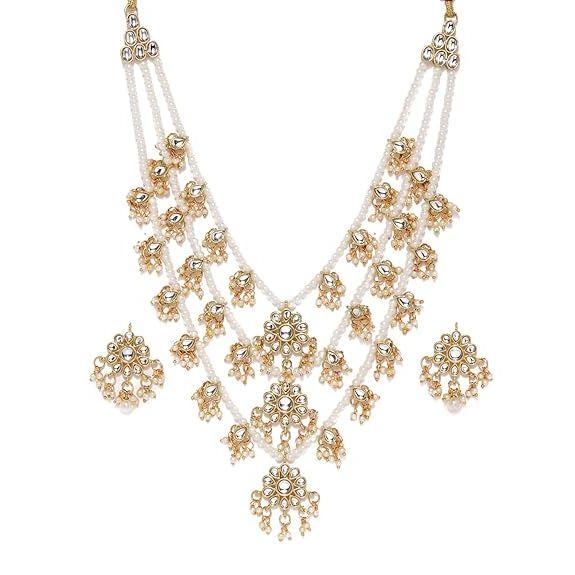 Ethnic Kundan & Pearls Multi Layers Bridal Necklace Set For Women