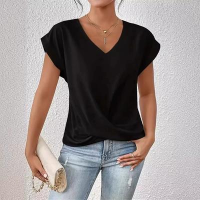Elegantes Damen-Top mit V-Ausschnitt und kurzen Ärmeln in Unifarben Damen Einfaches plissiertes T-Shirt Sommer Alltags-Freizeithemden