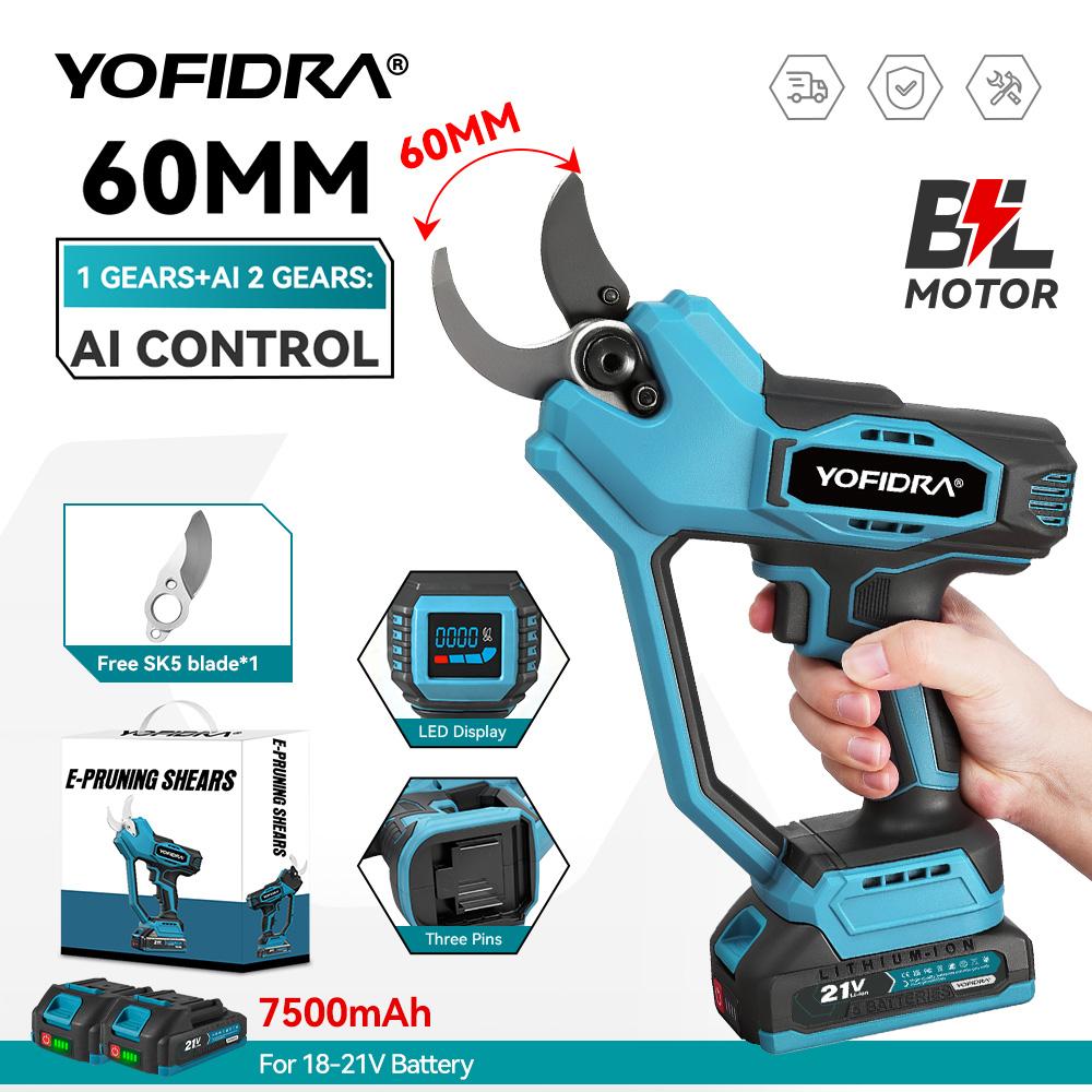 Yofidra 60mm KI Zahnräder Steuerung Bürstenlose Elektrische Astschere Akku Baum Bonsai Beschneidung Elektrische Schere Für Makita 21V Akku