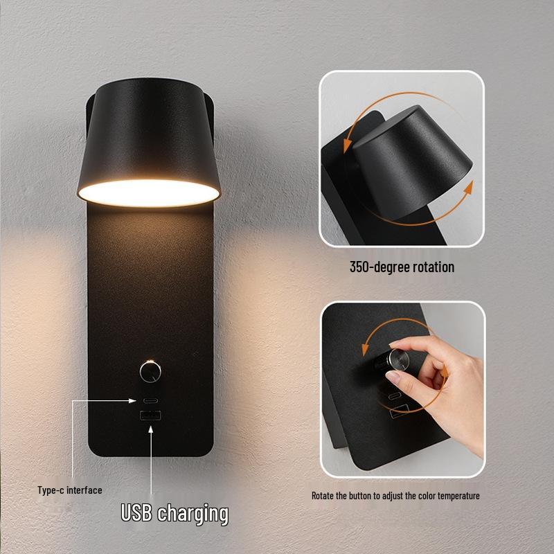 Stepless Dimming LED Wall Lamp with USB Charging - Metal Body, Wall-Mounted, No Tray, Ideal for Bedroom & Living Room